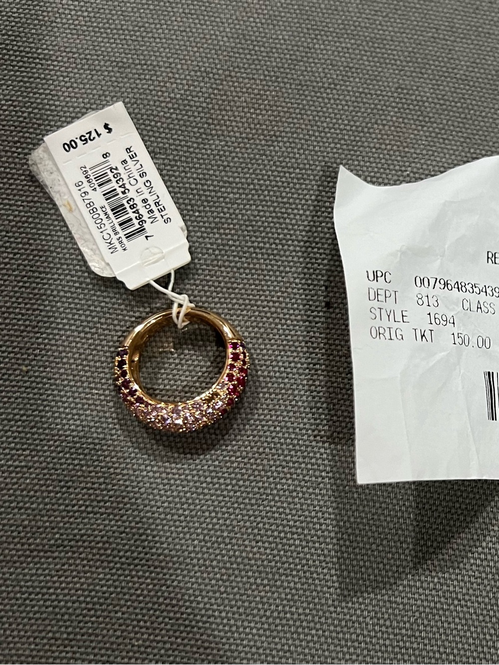 Michael Kors Gold Ring Pendant with Pink and Purple Pavé Stones